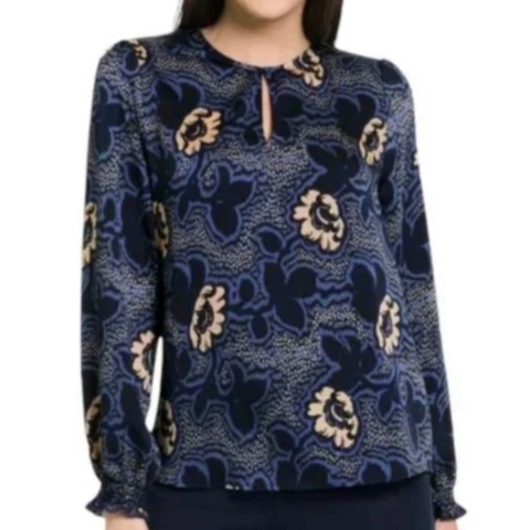Ted Baker Women’s Blouse Satin Paisley Floral print Boho Key hole Navy Pink L - Picture 1 of 14
